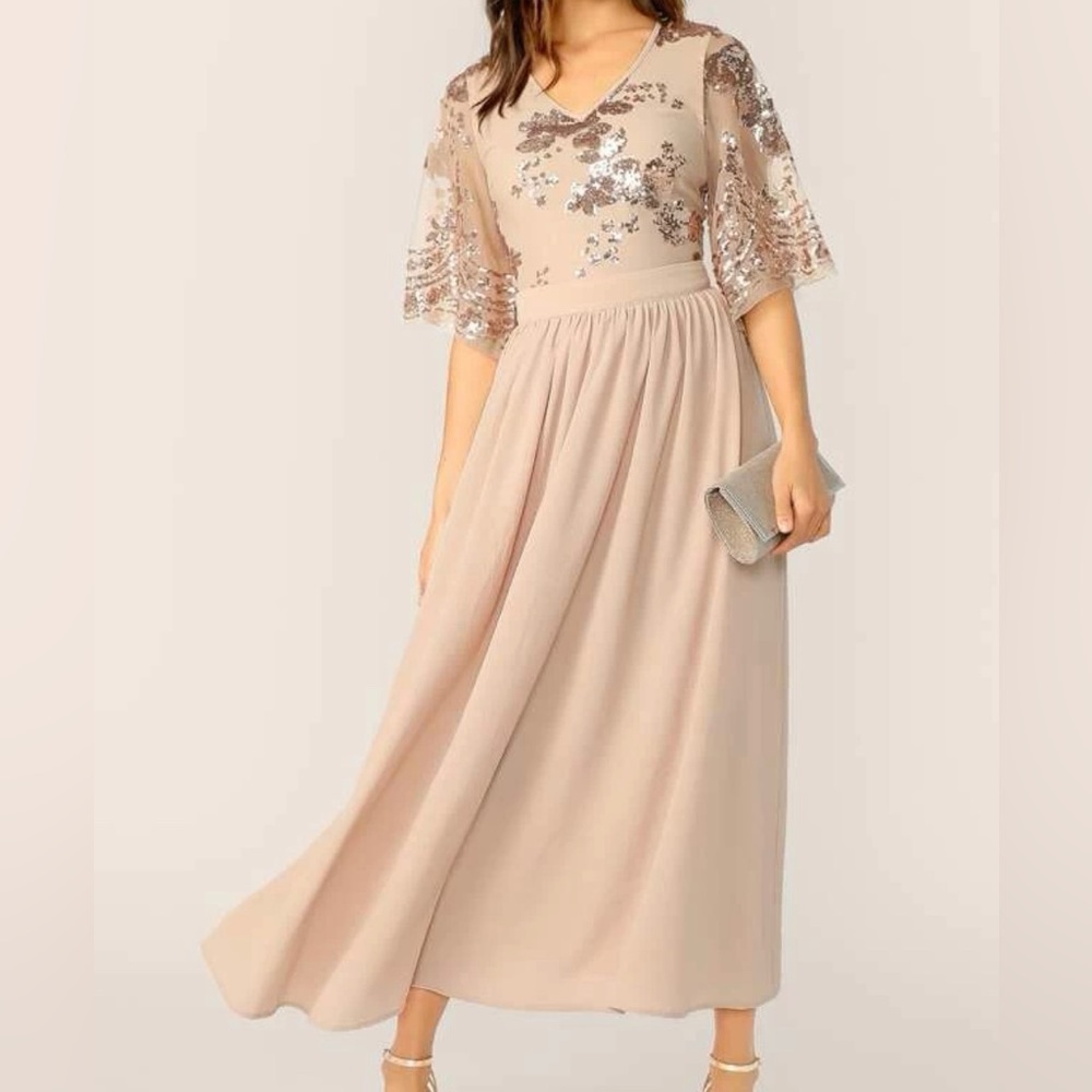 V neck contrast sequin mesh sleeve flare dress